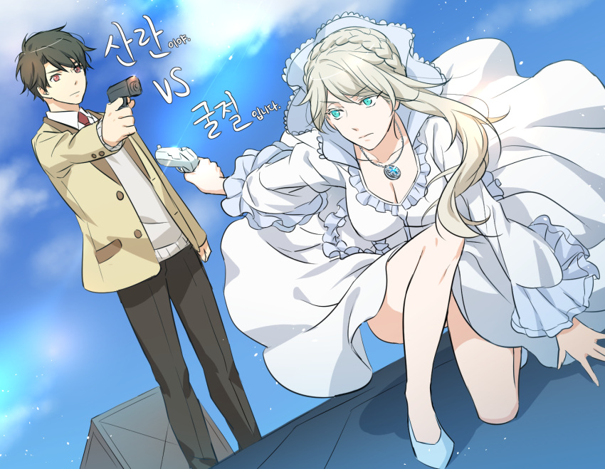 1boy, 1girl, aldnoah.zero, asseylum_vers_allusia_(cosplay), blue_eyes, braid, brown_hair, dress
