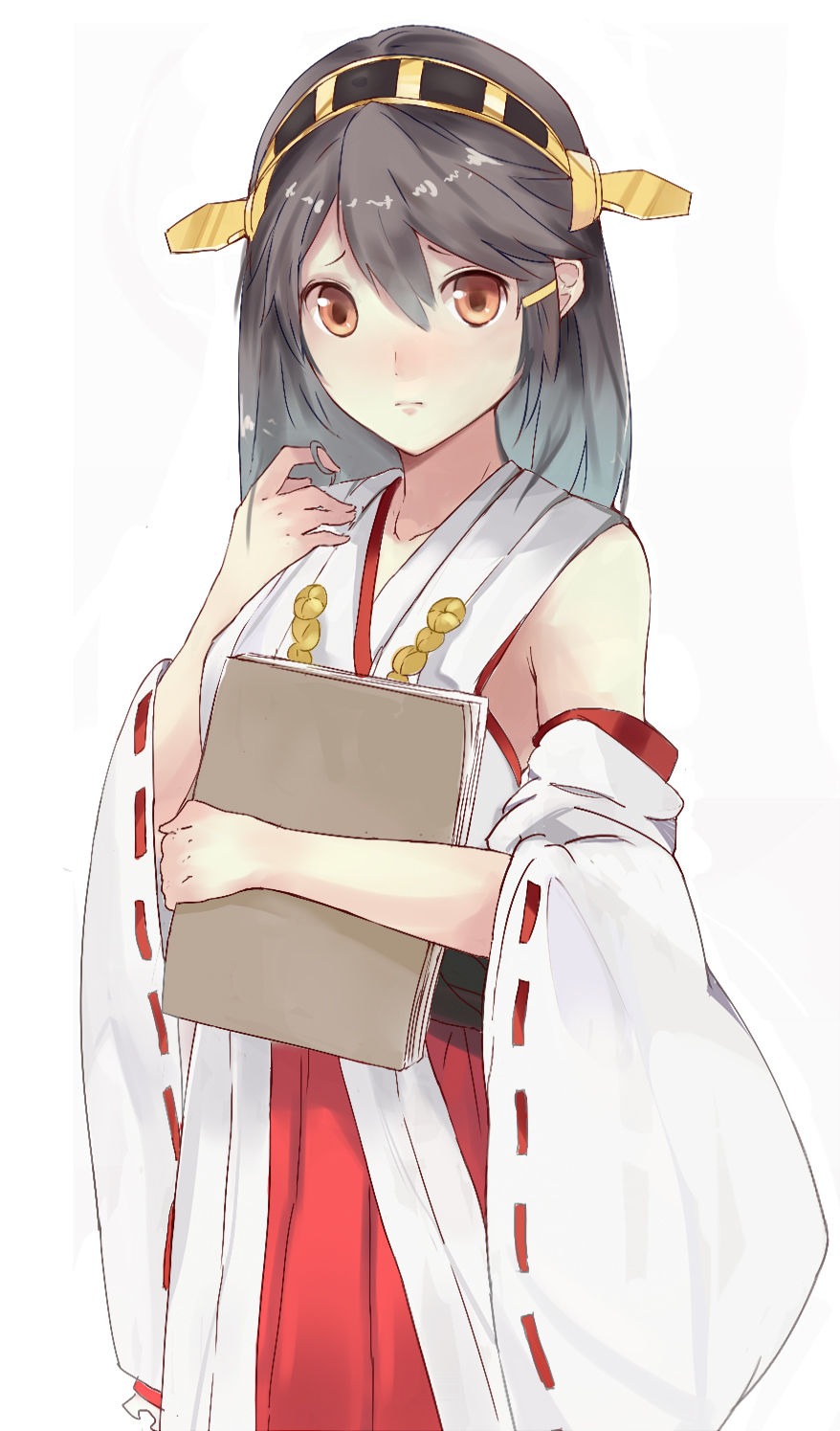 1girl, black_hair, boqboq, brown_eyes, hair_twirling, hairband, haruna_(kantai_collection), highres
