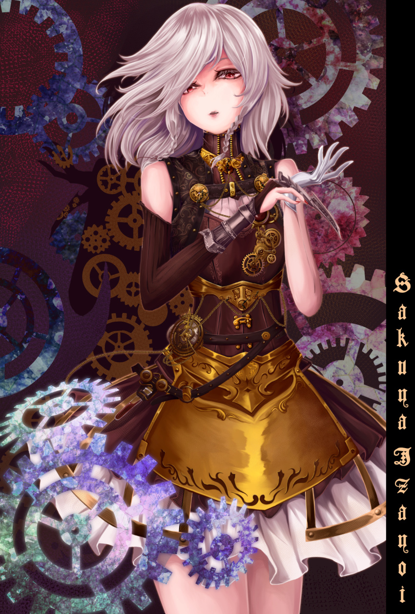 1girl, adjusting_clothes, adjusting_gloves, alternate_costume, braid, bridal_gauntlets, brown_dress, character_name, colored_eyelashes, dress, expressionless, eyebrows, eyelashes, gears, gloves, highres, izayoi_sakuya, kisaragiiko, lips, long_arms, looking_at_viewer, parted_lips, red_eyes, reversed, silver_hair, single_gauntlet, single_glove, small_breasts, solo, steampunk, steampunk_(liarsoft), tagme, touhou, twin_braids, white_gloves, wind, zoom_layer