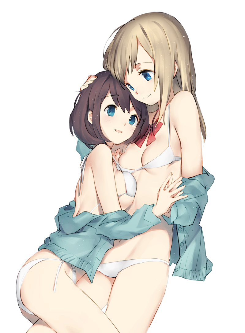2girls, blue_eyes, bra, breast_press, brown_hair, holding_hands, hug, jacket_off_shoulders