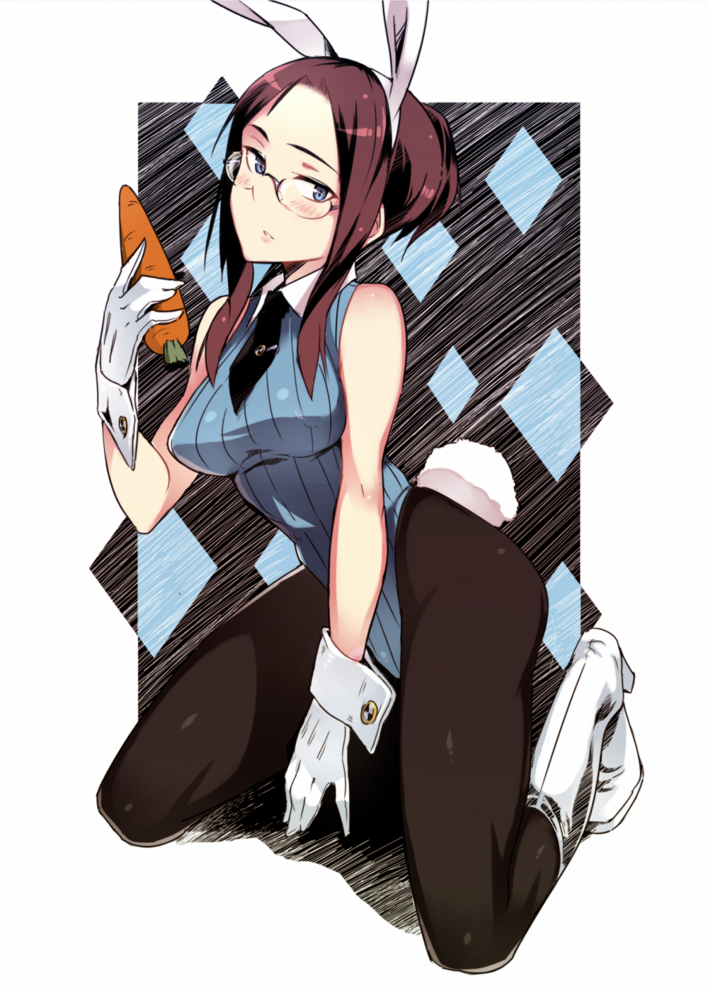 1girl, animal_ears, black_legwear, blue_eyes, blush, boots, breasts, brown_hair