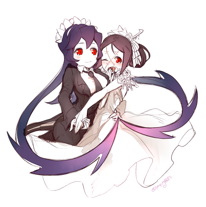 2girls, black_hair, black_sclera, blush, breasts, brown_hair, carol_(skullgirls), crossdressinging
