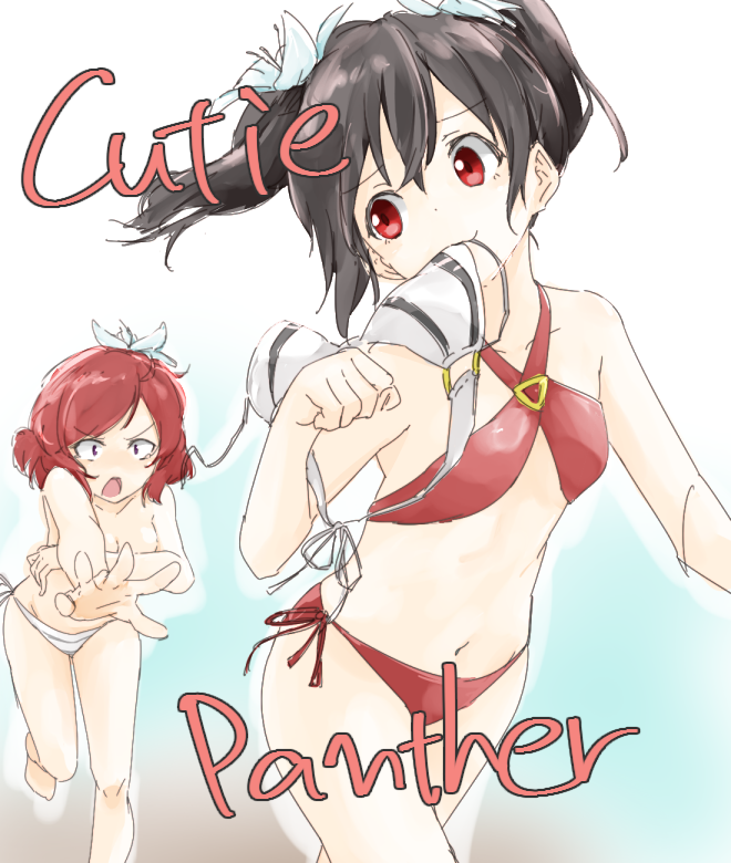 2girls, araco, bikini, black_hair, covering, covering_breasts, love_live!_school_idol_project, multiple_girls