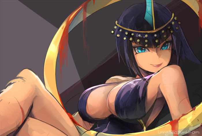 1girl, bangs, bare_shoulders, black_dress, black_hair, blood, blue_eyes, bob_cut