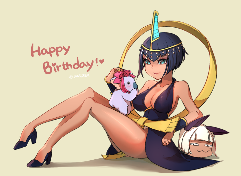 2girls, animal, ankh, black_dress, black_hair, blue_eyes, bob_cut, breasts