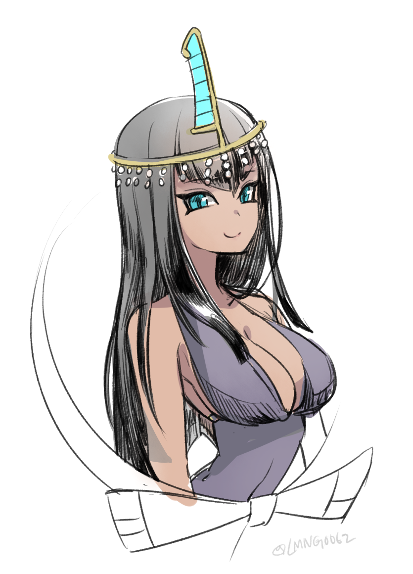 1girl, alternate_hair_length, alternate_hairstyle, black_dress, black_hair, blue_eyes, breasts, cleavage