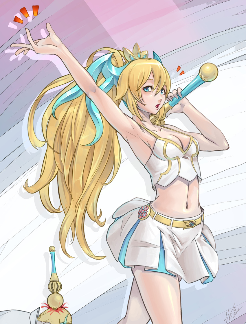 1girl, adapted_costume, aqua_eyes, armpits, blonde_hair, cheerleader, headdress, highres, long_hair, midriff, navel, nuru, pom_poms, ponytail, puzzle_&amp;_dragons, sakuya_(p&amp;d), skirt