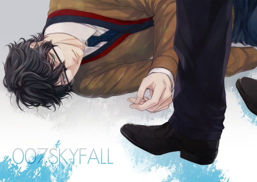 007, akuta_michi, black_hair, glasses, green_eyes, james_bond, lying, q_(james_bond)