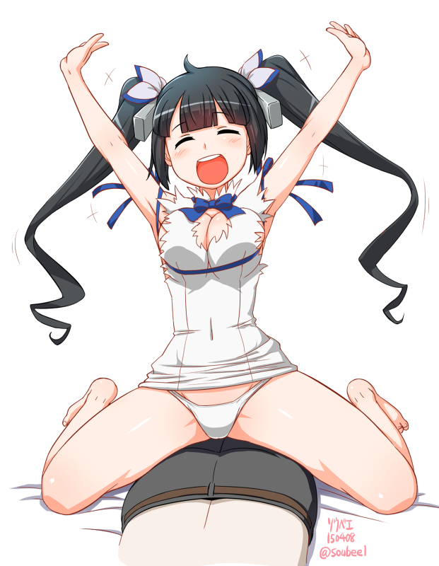 1girl, :d, arm_ribbon, armpits, arms_up, artist_name, black_hair, blush