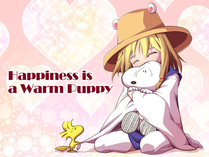 bangs, beagle, bird, blonde_hair, chamupei, crossover, dog, english, hat, heart, heart-shaped_pupils, hug, moriya_suwako, peanuts, snoopy, symbol-shaped_pupils, touhou, woodstock