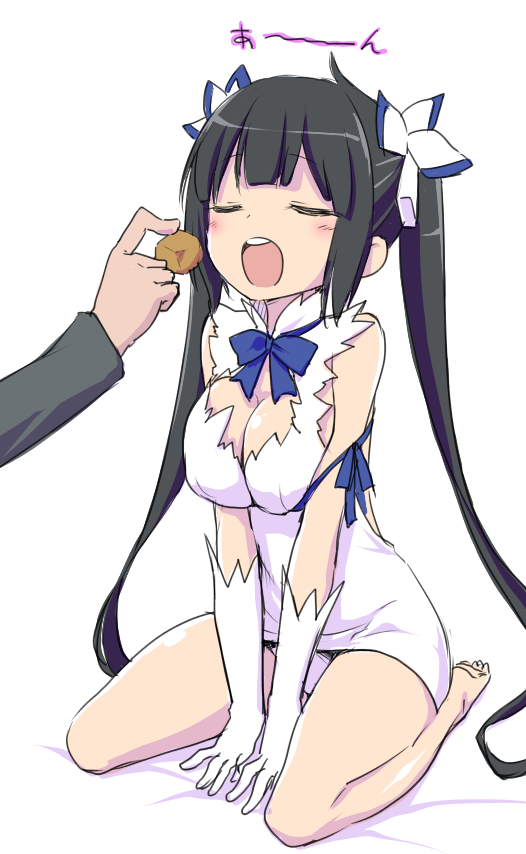 black_hair, blue_eyes, breasts, cleavage_cutout, closed_eyes, dress, dungeon_ni_deai_wo_motomeru_no_wa_machigatteiru_darou_ka, feeding