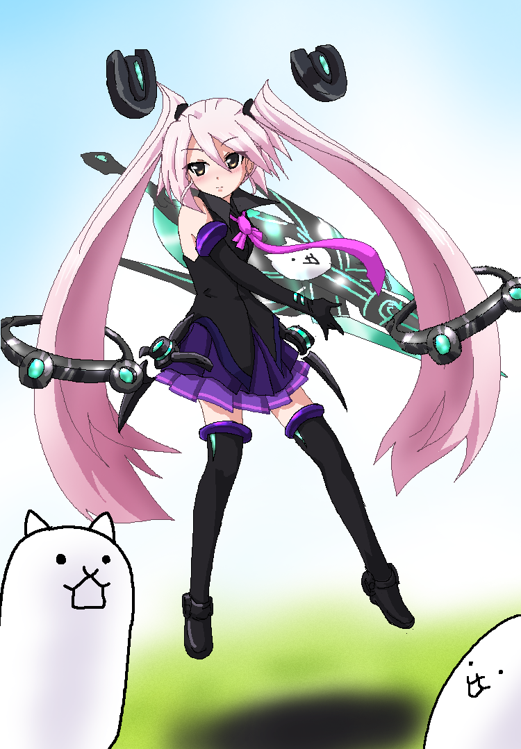 1girl, brown_eyes, cat_(battle_cats), elbow_gloves, gloves, hair_ornament, hayashiya_zankurou, long_hair, meikai_no_karifa, necktie, nyanko_daisensou, pink_hair, purple_skirt, skirt, sleeveless, sword, tank_cat, thigh-highs, twintails, very_long_hair, weapon