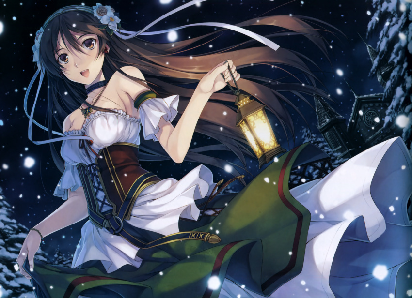 1girl, absurdres, aiyoku_no_eustia, brown_eyes, brown_hair, church, dress, dress_lift