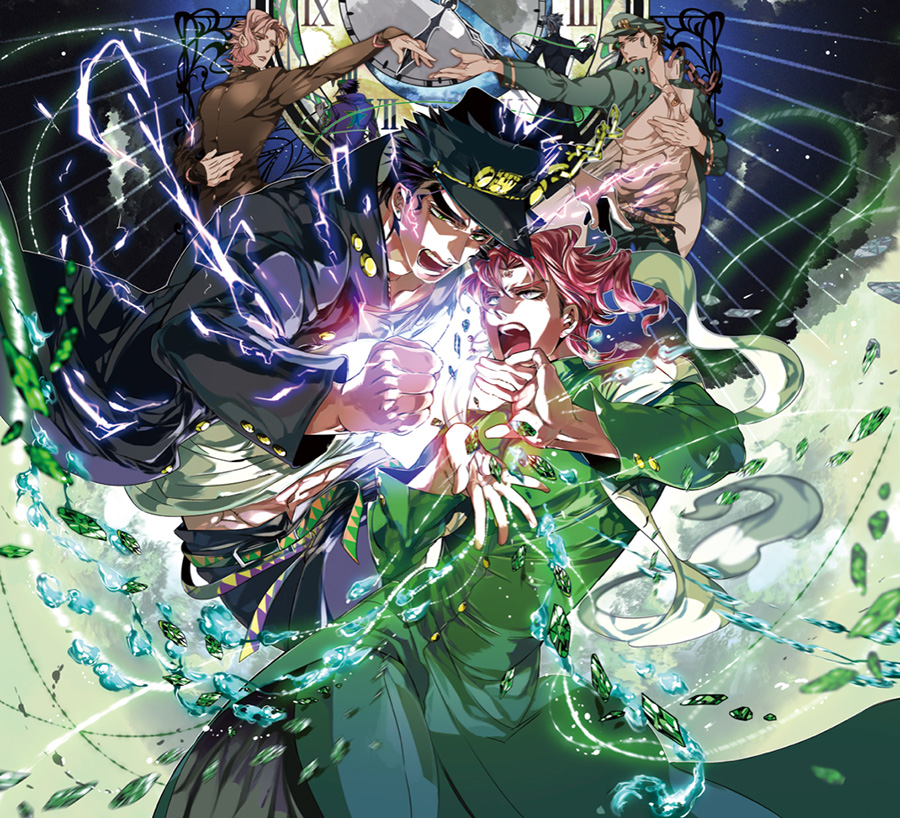 clock, electricity, emerald, jojo_no_kimyou_na_bouken, kakyouin_noriaki, kuujou_joutarou, tsuruko_turuta
