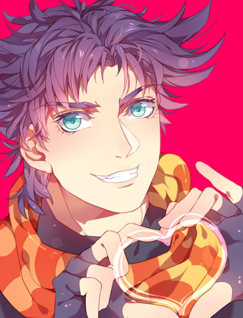 1boy, blue_eyes, fingerless_gloves, gloves, heart, heart_hands, huolou, jojo_no_kimyou_na_bouken