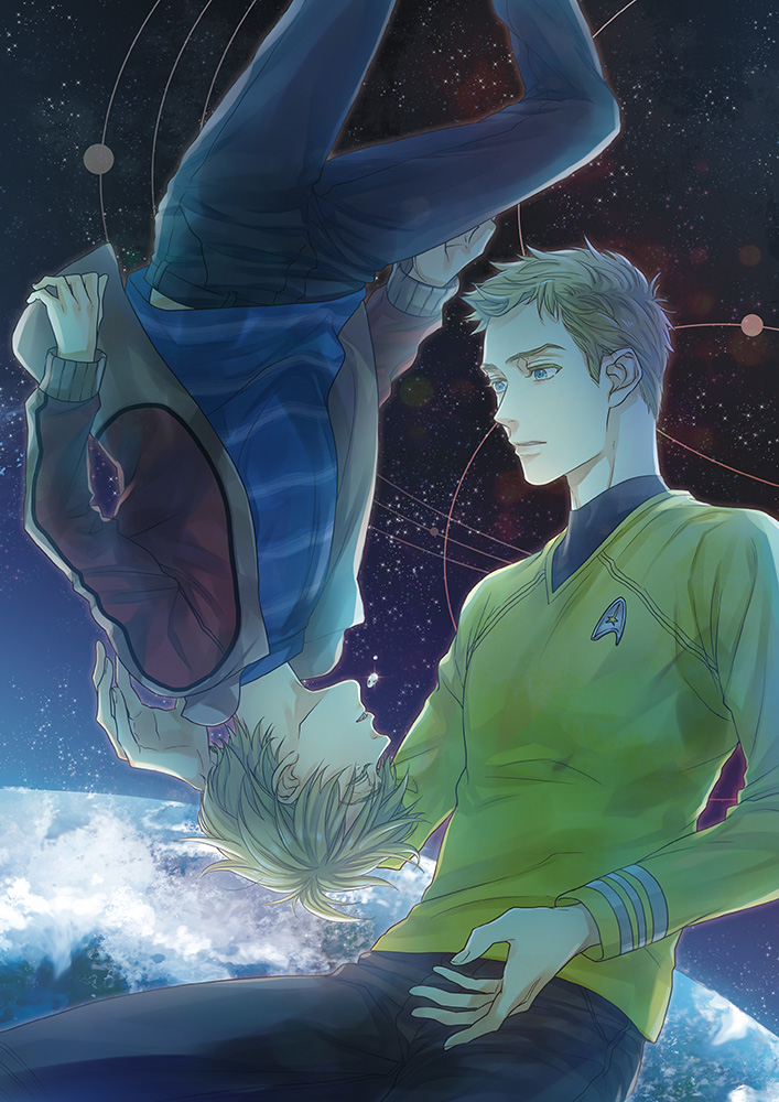 2boys, akuta_michi, blonde_hair, blue_eyes, child, dual_persona, floating, james_tiberius_kirk