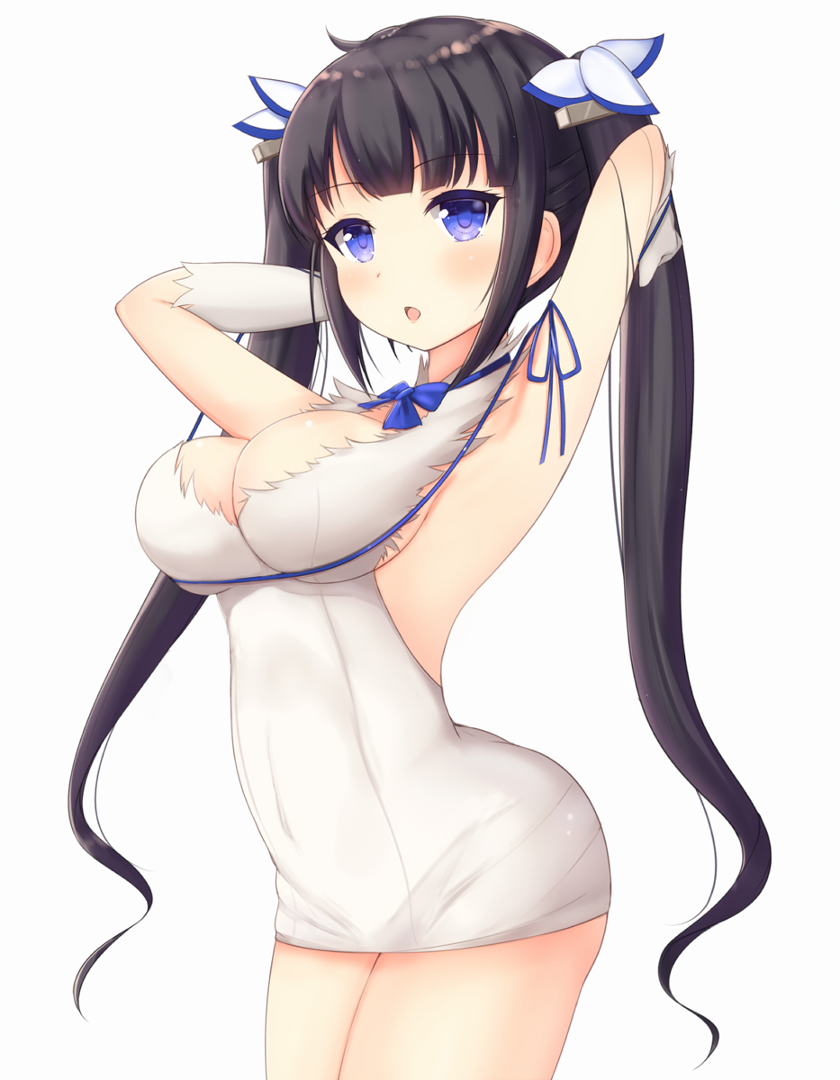 1girl, armpits, arms_up, black_hair, breasts, dungeon_ni_deai_wo_motomeru_no_wa_machigatteiru_darou_ka, hestia_(danmachi), highres