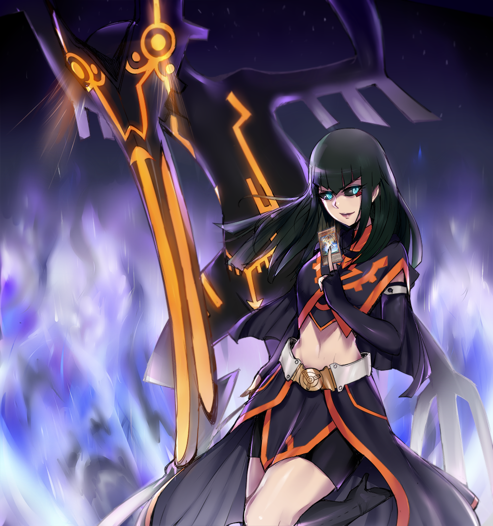 1girl, bird, black_dress, black_hair, black_sclera, blue_eyes, capelet, card