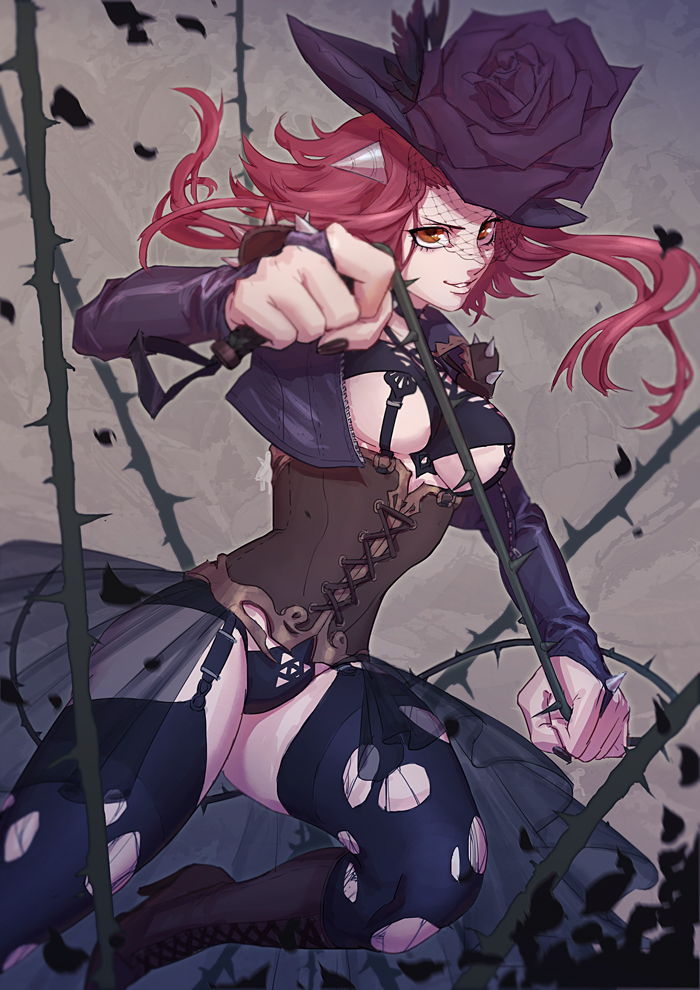 1girl, black_panties, black_rose, breasts, dress, flower, gown, hat