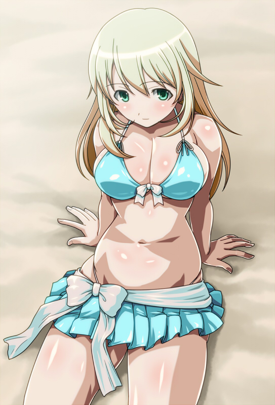 1girl, atago_(kantai_collection), bikini, bikini_skirt, blonde_hair, breasts, cleavage, green_eyes