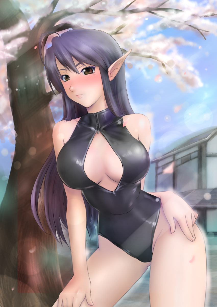 1girl, black_hair, breasts, brown_eyes, front_zipper_swimsuit, haneori, highres, katori_(pso2)