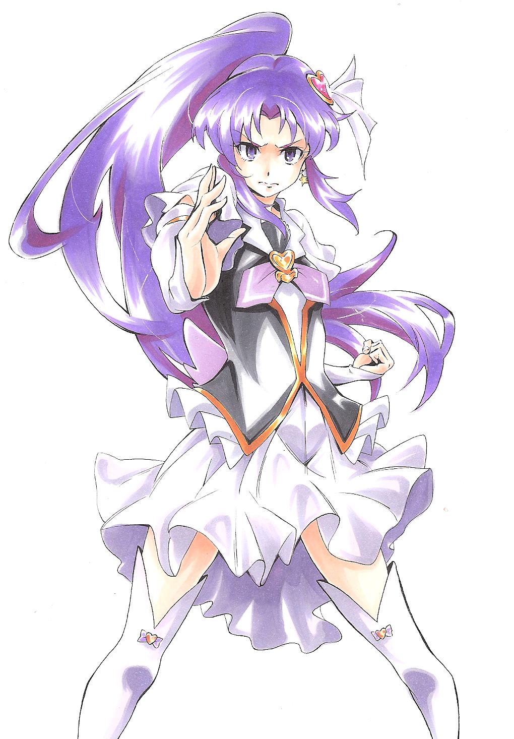 1girl, boots, cure_fortune, detached_sleeves, earrings, eyelashes, fighting_stance, hair_ornament