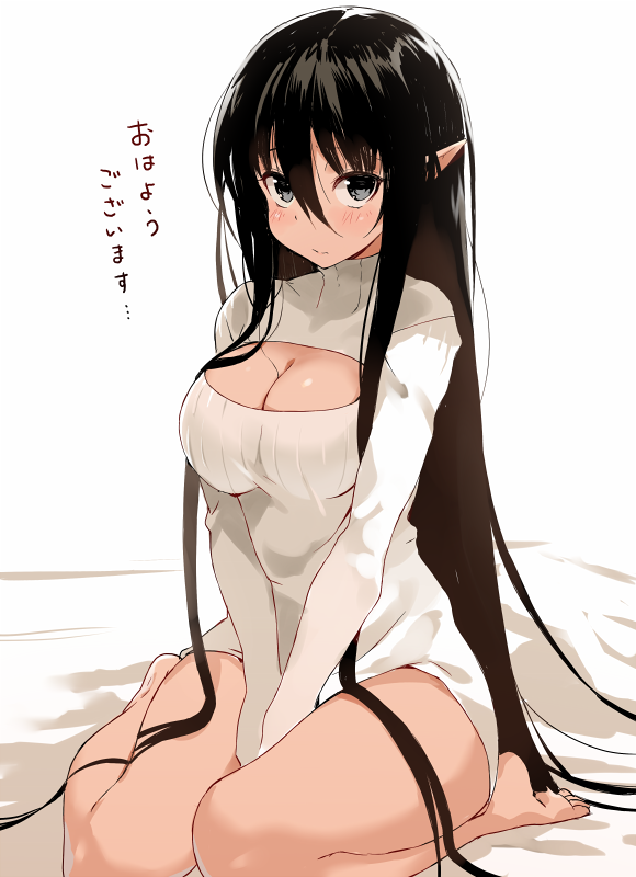 1girl, barefoot, bed_sheet, black_eyes, black_hair, blush, bottomless, breasts, cleavage, elf, long_hair, looking_at_viewer, naked_sweater, nauribon, open-chest_sweater, original, payot, pointy_ears, ribbed_sweater, simple_background, sitting, solo, sweater, thighs, translation_request, tsurime, turtleneck, v_arms, very_long_hair, wariza, white_background, wide_hips