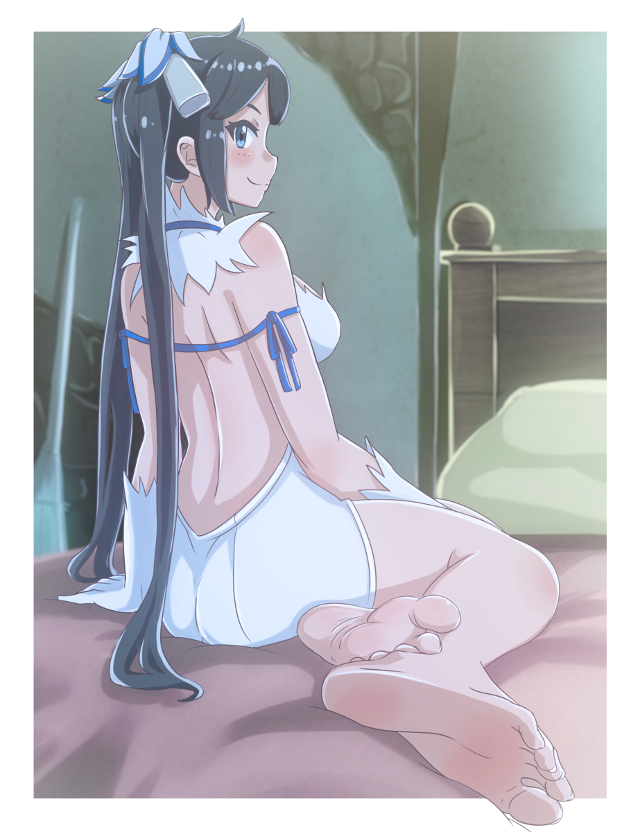 1girl, bare_legs, barefoot, black_hair, blue_eyes, blush, breasts, casino_(pixiv468133)