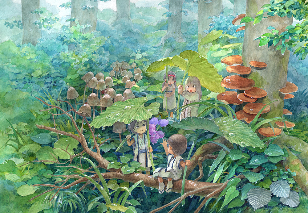 efira, forest, leaf_umbrella, mushroom, nature, scenery, traditional_media