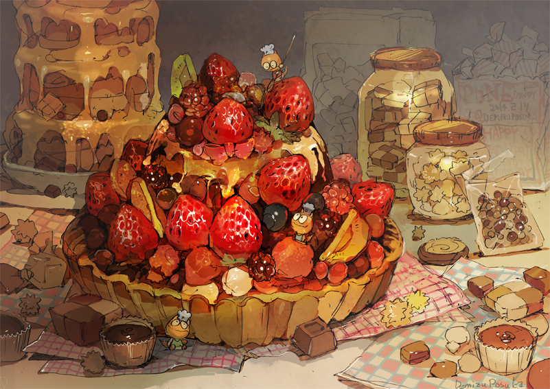2014, artist_name, bag, berries, cake, candy, checkerboard_cookie, chef_hat