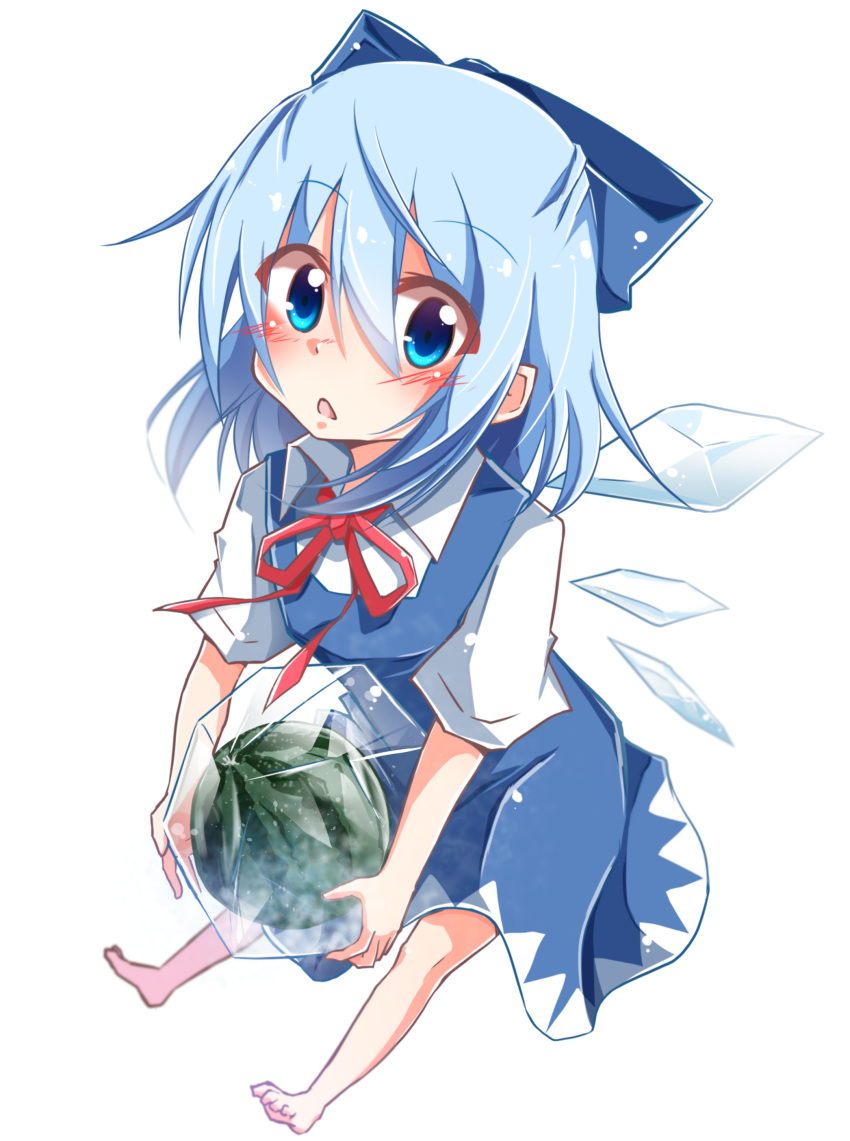 1girl, absurdres, barefoot, blue_dress, blue_eyes, blue_hair, bow, cirno