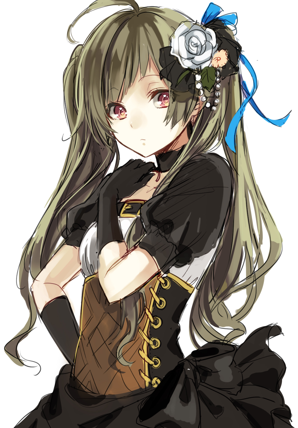 1girl, ahoge, bangs, black_gloves, bow, buckle, choker, dress