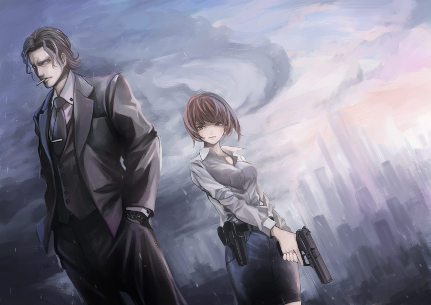 1boy, 1girl, black_hair, brown_hair, cigarette, cityscape, formal, gun