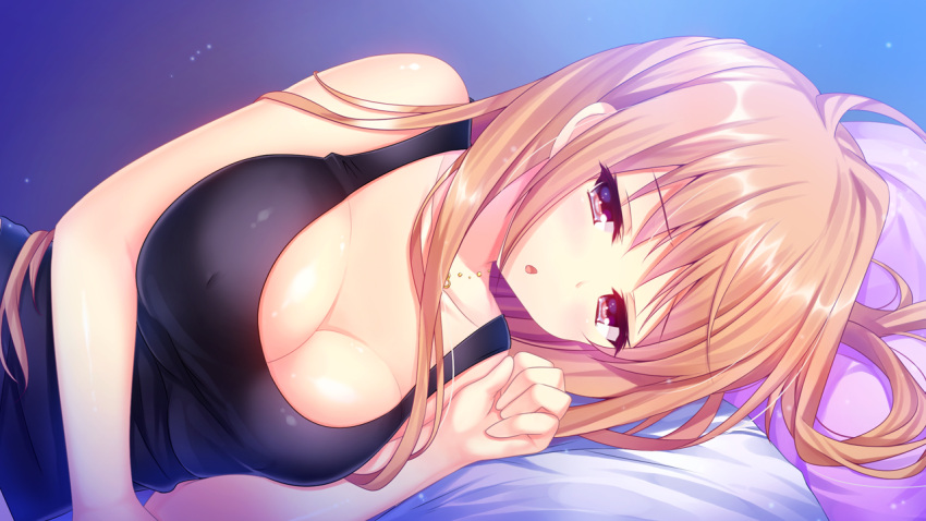 1girl, ahoge, bed_sheet, blonde_hair, blue_eyes, blush, breasts, cleavage