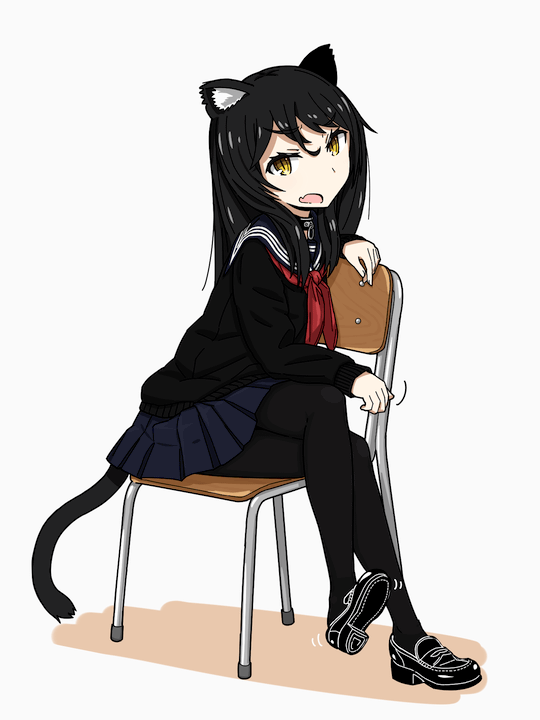 1girl, animal_ears, black_hair, cat_ears, cat_tail, loafers, long_hair, open_mouth