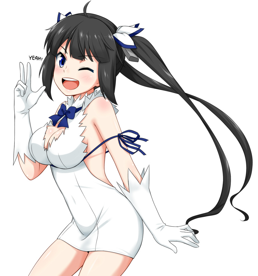 1girl, ;d, bare_shoulders, black_hair, blue_eyes, breasts, cleavage, cutefreak, dungeon_ni_deai_wo_motomeru_no_wa_machigatteiru_darou_ka, gloves, hair_ribbon, hestia_(danmachi), highres, looking_at_viewer, one_eye_closed, open_mouth, ribbon, simple_background, smile, solo, twintails, v, white_background, white_gloves