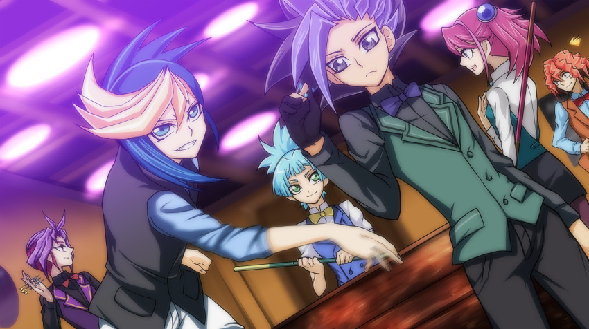 1girl, billiards, blue_eyes, dennis_macfield, hiiragi_yuzu, multicolored_hair, multiple_boys, pink_hair