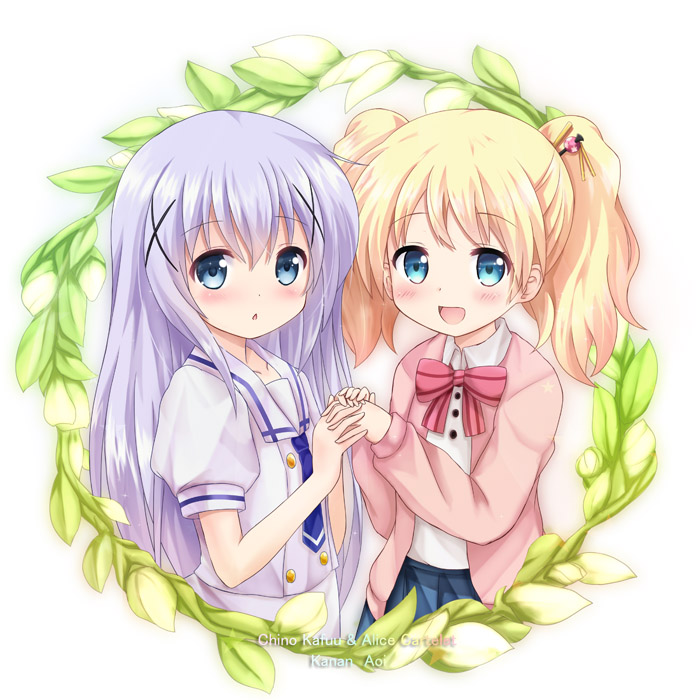 2girls, alice_cartelet, aoi_kanan, artist_name, blonde_hair, blue_eyes, blue_hair, cardigan