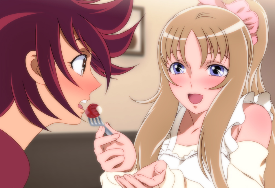 1boy, 1girl, :d, alternate_hairstyle, aquila_yuna, blue_eyes, blush, brown_eyes