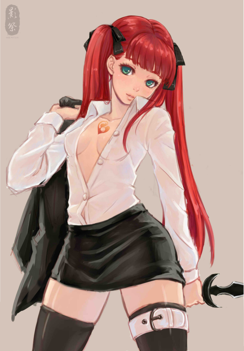 1girl, absurdres, arcana_famiglia, bangs, black_legwear, black_skirt, blunt_bangs, breasts, buckle, collarbone, cowboy_shot, dress_shirt, felicita, gloves, green_eyes, hair_ribbon, highres, holding_weapon, jacket, jacket_removed, light_smile, long_hair, long_sleeves, looking_at_viewer, no_bra, open_clothes, open_shirt, over_shoulder, photoshop, redhead, ribbon, shirt, skirt, sleeves_folded_up, solo, syrinxwell311, tattoo, thigh-highs, twintails, unbuttoned, weapon, white_shirt, zettai_ryouiki