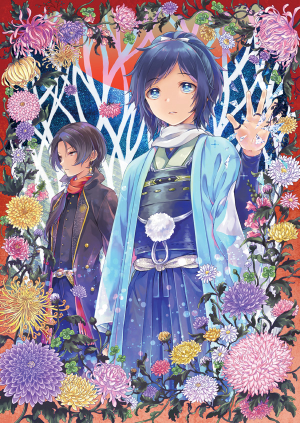 2boys, black_hair, blue_eyes, bow, brown_hair, earrings, flower, hair_bow