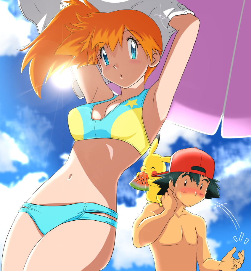 1girl, arms_up, backwards_hat, baseball_cap, bikini, black_hair, blue_eyes, blue_sky