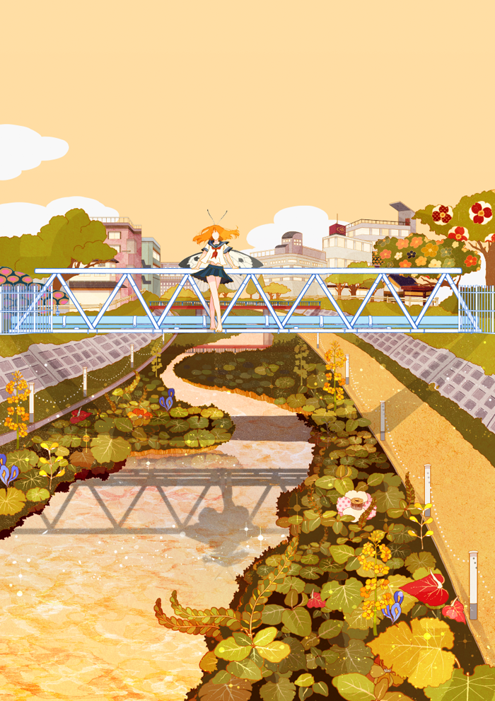 1girl, antennae, barefoot, bridge, building, butterfly_wings, city, flower, insect_girl, minoru_(pulse20), orange_hair, original, outdoors, pleated_skirt, river, scenery, school_uniform, serafuku, skirt, solo, tree, wings