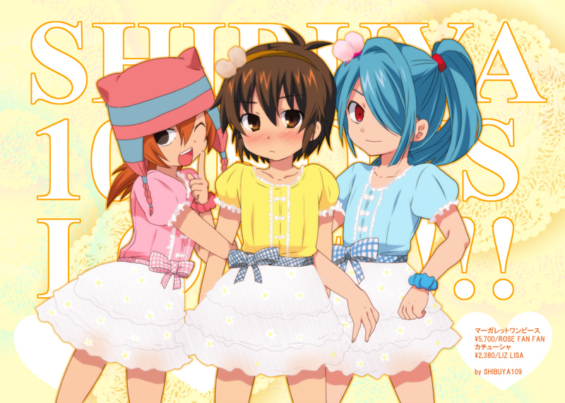 3boys, ahoge, arm_grab, blue_hair, blush, brown_eyes, brown_hair, crossdressinging