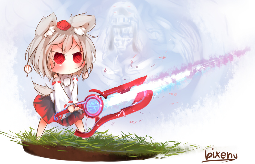 1girl, animal_ears, artist_name, bikuseno, blush, chibi, detached_sleeves, energy_sword, grass, grey_hair, ground, hat, highres, inubashiri_momiji, mechonis, monado, multicolored_skirt, pom_pom_(clothes), projected_inset, red_eyes, ribbon-trimmed_sleeves, ribbon_trim, serious, short_hair, sketch, sleeveless, solid_circle_eyes, solo, sword, tagme, tail, tokin_hat, touhou, weapon, wolf_ears, wolf_tail, xenoblade
