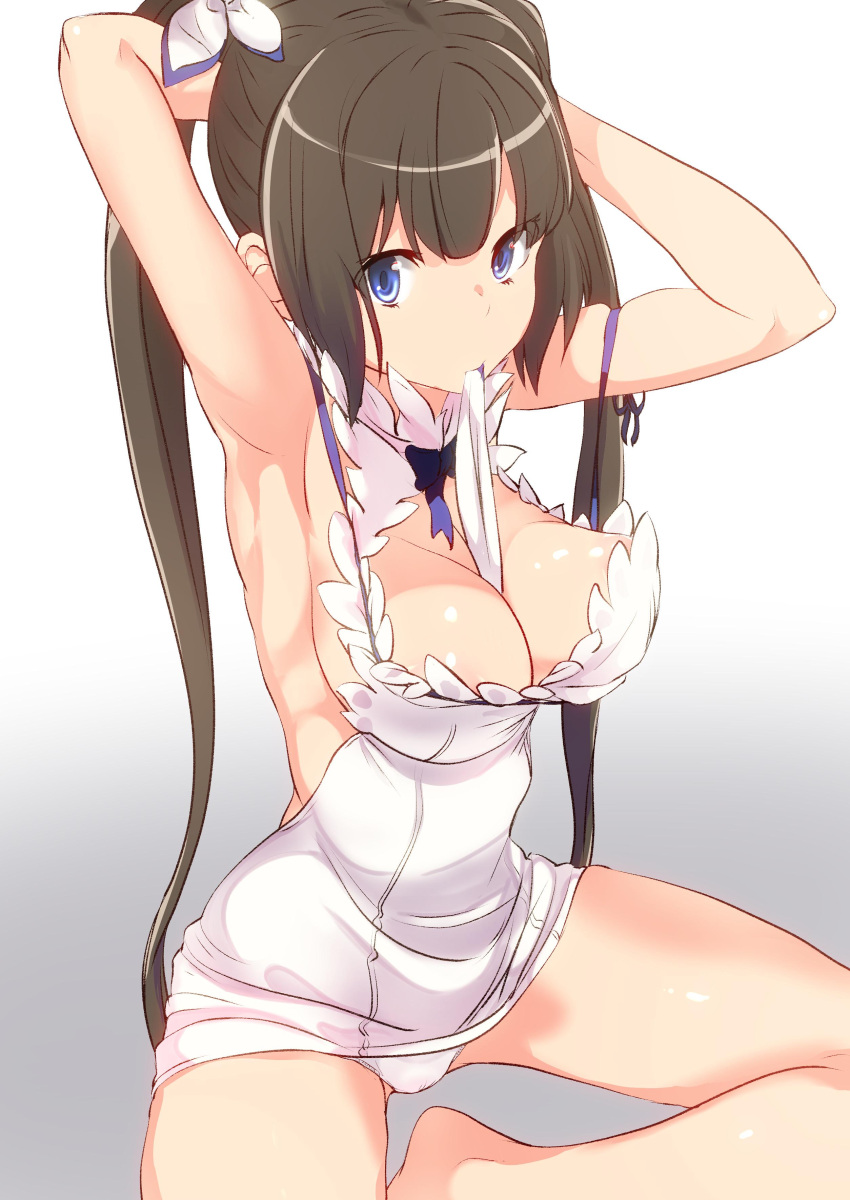 1girl, absurdres, adjusting_hair, armpits, black_hair, blue_eyes, breasts, cleavage_cutout