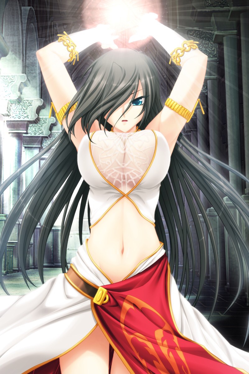 1girl, armlet, arms_up, black_hair, blue_eyes, breasts, cleavage, game_cg, hair_over_one_eye, highres, ikusa_megami_(series), ikusa_megami_zero, large_breasts, long_hair, luna_clia, midriff, navel, see-through