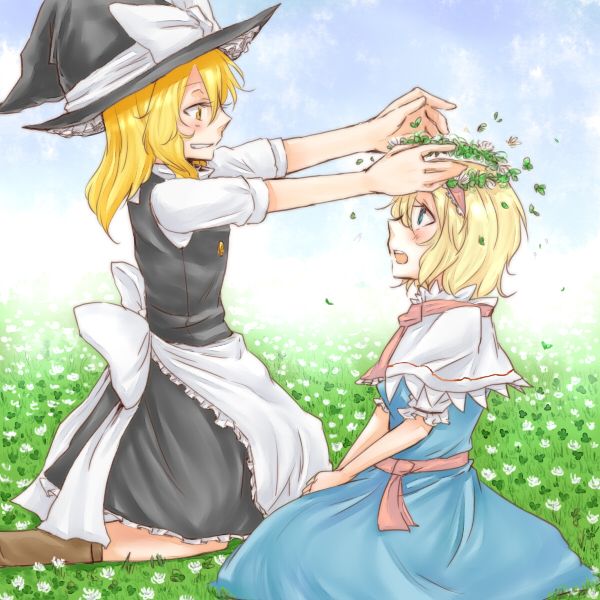 2girls, alice_margatroid, apron, ascot, blonde_hair, blue_eyes, blush, capelet