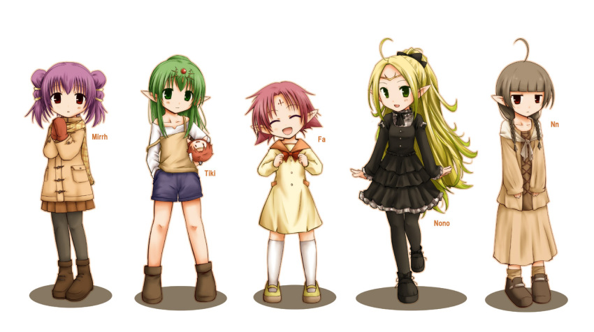 5girls, :d, ahoge, alternate_costume, black_dress, black_legwear, boots, bow, bowtie, braid, brown_hair, brown_legwear, character_name, cheine, chiki, child, closed_eyes, coat, doll, dress, fa, facial_mark, fire_emblem, fire_emblem:_fuuin_no_tsurugi, fire_emblem:_kakusei, fire_emblem:_mystery_of_the_emblem, fire_emblem:_seima_no_kouseki, forehead_mark, gloves, green_eyes, green_hair, hands_together, kneehighs, long_hair, long_skirt, long_sleeves, multiple_girls, myrrh, nn_(fire_emblem), nowi_(fire_emblem), off_shoulder, open_mouth, pantyhose, pink_hair, pointy_ears, ponytail, purple_hair, red_eyes, scarf, shirt, shoes, short_hair, shorts, skirt, smile, socks, tenmaru, tiara, twin_braids, white_legwear, yellow_dress