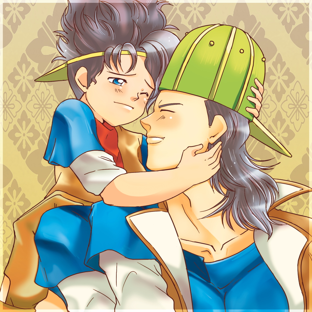 backwards_hat, black_hair, blue_eyes, boingo, brothers, carrying, hat, jojo_no_kimyou_na_bouken, oingo, shoulder_carry, siblings, visor_cap, yuutsuki_mei
